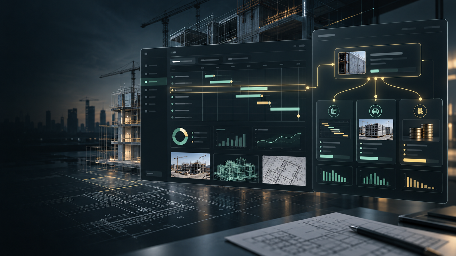 Concept visualization of AI-assisted construction planning with task, schedule, supplier and cost alternatives
