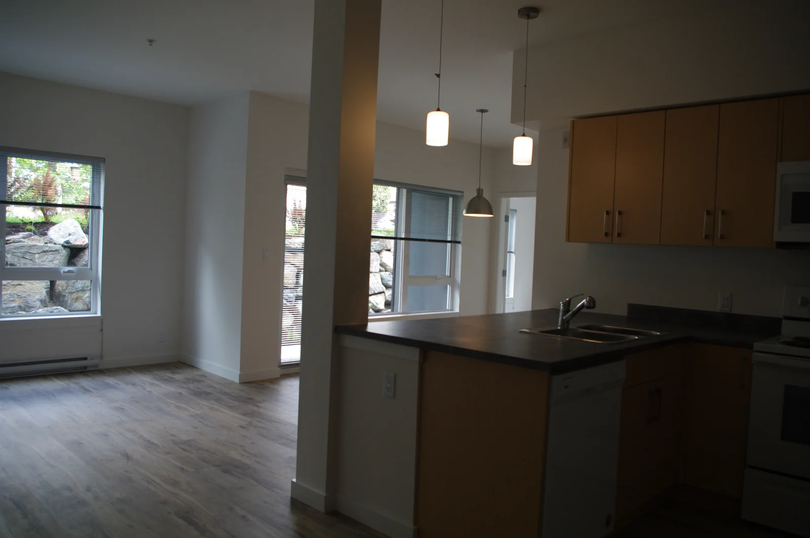 Completed residential suite interior and kitchen